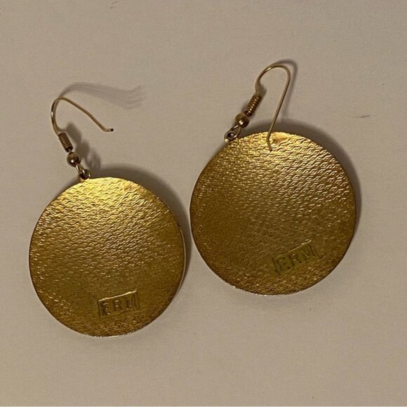 SIGNED ERM EARRINGS PINK DOUBLE PHOENIX BLUE STRIPE GOLD TONE CIRCLE DROP WIRE - Picture 7 of 8